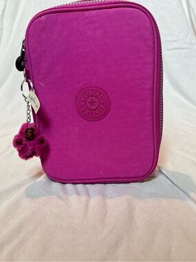 Kipling 100 Pens Case Pink | Pencil Case Makeup Organizer w/ Monkey